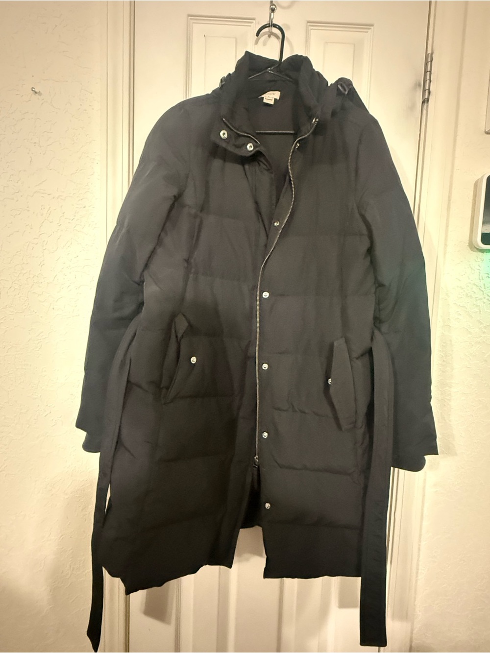 J.Crew Women's Black Down-Filled Belted Hooded Puffer Coat Medium